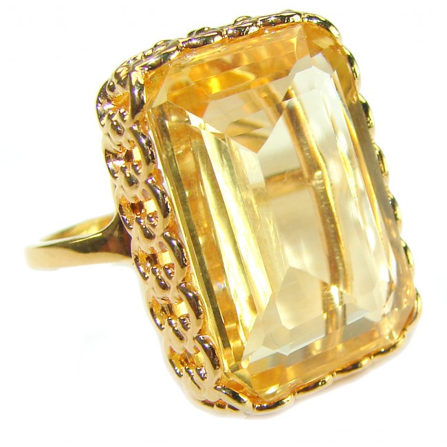 27.8 carat Genuine Lemon Quartz 14K Gold over .925 Sterling Silver handcrafted ring size 9 1/4