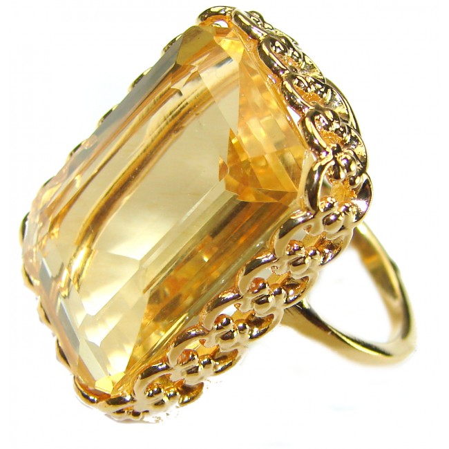 27.8 carat Genuine Lemon Quartz 14K Gold over .925 Sterling Silver handcrafted ring size 9 1/4