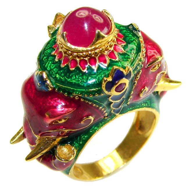 Two Lucky Elephants unique Ruby 14K Gold over .925 Sterling Silver handcrafted Ring size 7 1/2