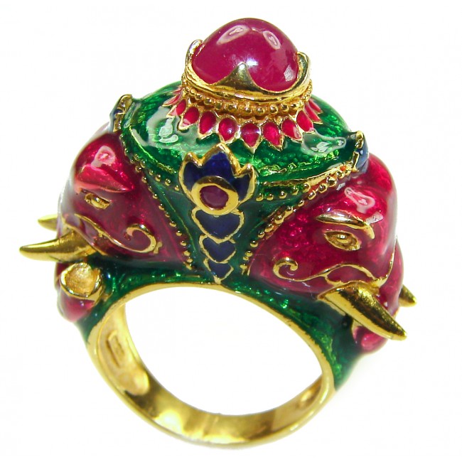 Two Lucky Elephants unique Ruby 14K Gold over .925 Sterling Silver handcrafted Ring size 7 1/2