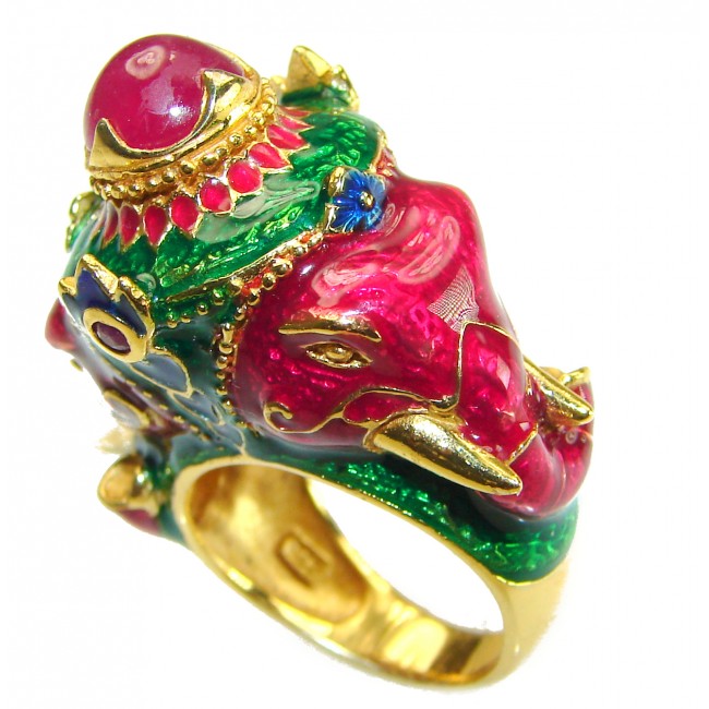 Two Lucky Elephants unique Ruby 14K Gold over .925 Sterling Silver handcrafted Ring size 7 1/2