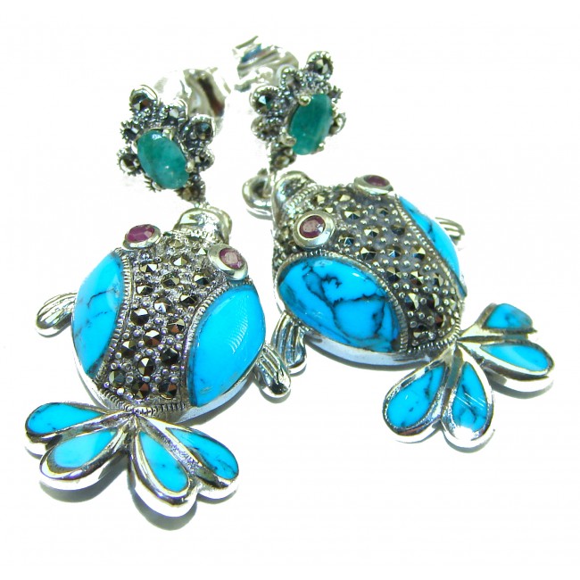 One of a kind Precious Fishes natural Turquoise .925 Sterling Silver handcrafted Earrings