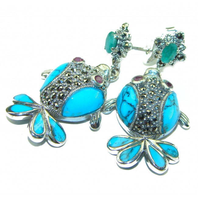 One of a kind Precious Fishes natural Turquoise .925 Sterling Silver handcrafted Earrings