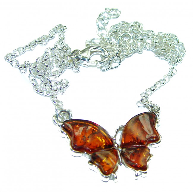 Great Masterpiece Butterfly genuine Baltic Amber .925 Sterling Silver handmade necklace