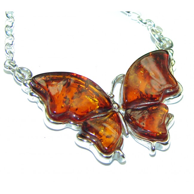 Great Masterpiece Butterfly genuine Baltic Amber .925 Sterling Silver handmade necklace