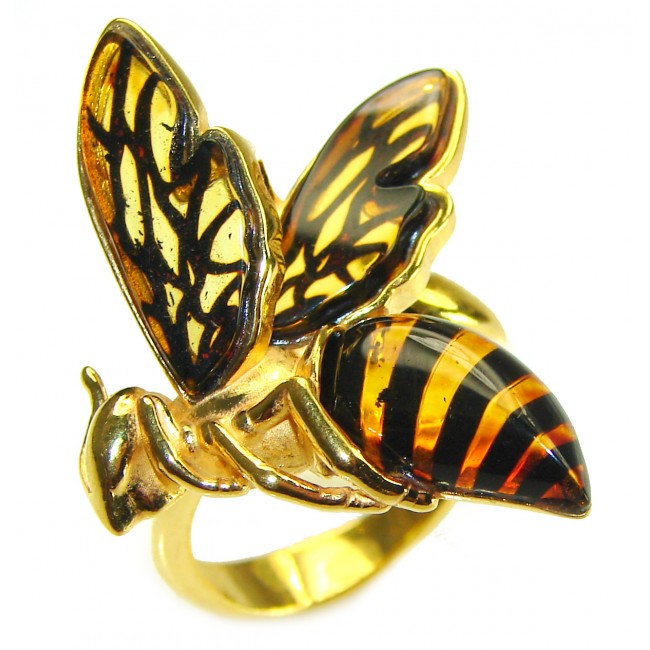 Butterfly Authentic Baltic Amber 14K Gold over .925 Sterling Silver handcrafted ring; s. 8 adjustable