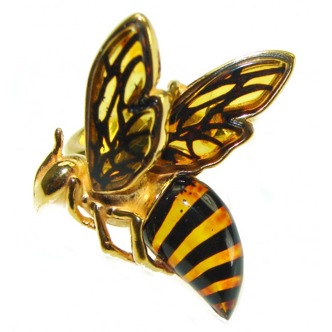 Butterfly Authentic Baltic Amber 14K Gold over .925 Sterling Silver handcrafted ring; s. 8 adjustable