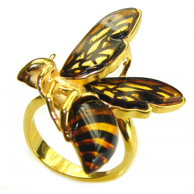 Butterfly Authentic Baltic Amber 14K Gold over .925 Sterling Silver handcrafted ring; s. 8 adjustable