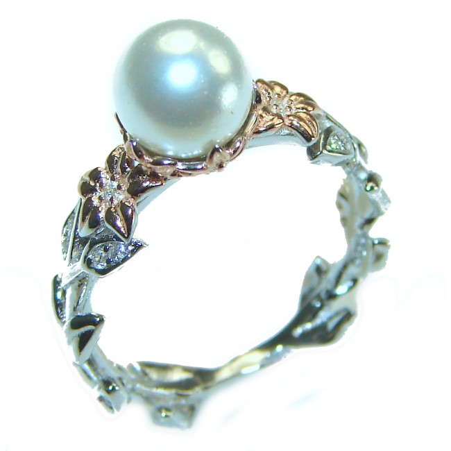 Pearl 2 tones .925 Sterling Silver brilliantly handcrafted ring s. 7 1/4