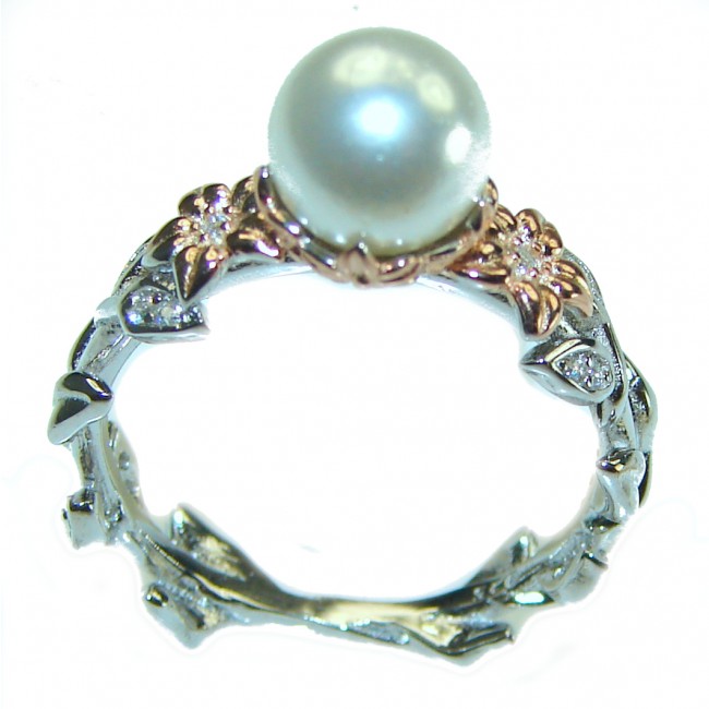 Pearl 2 tones .925 Sterling Silver brilliantly handcrafted ring s. 7 1/4