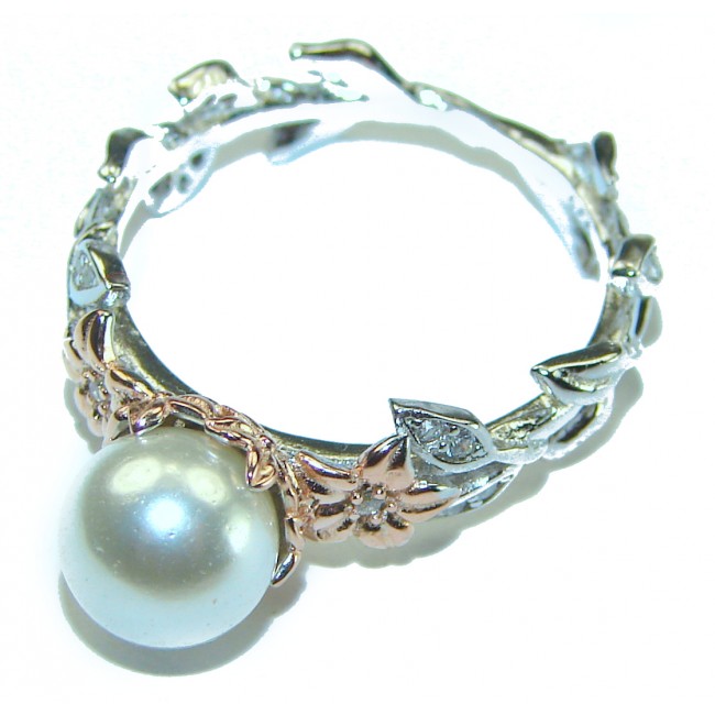 Pearl 2 tones .925 Sterling Silver brilliantly handcrafted ring s. 7 1/4