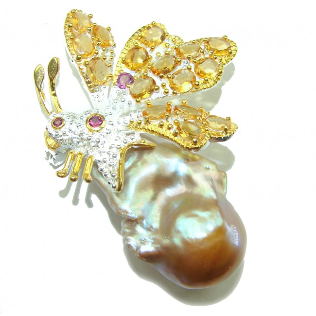 Flaying Bee Mother of Pearl 18K Gold over .925 Sterling Silver handcrafted Brooch pendant