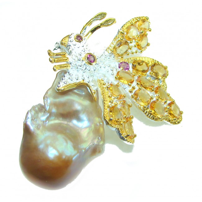 Flaying Bee Mother of Pearl 18K Gold over .925 Sterling Silver handcrafted Brooch pendant