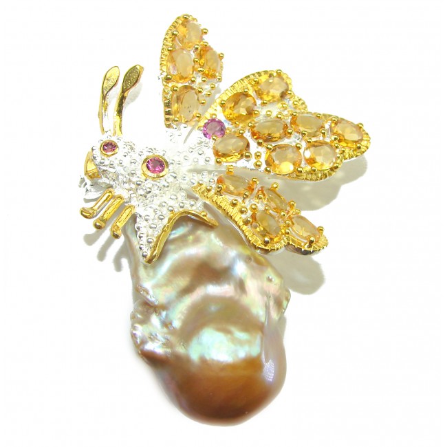 Flaying Bee Mother of Pearl 18K Gold over .925 Sterling Silver handcrafted Brooch pendant