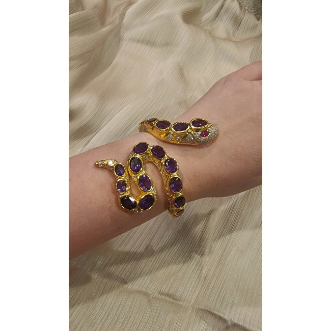 Huge Snake Genuine Amethyst 18K Gold over .925 Sterling Silver handcrafted Bracelet