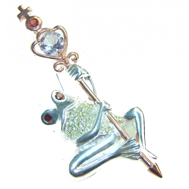 Frog Pink Amethyst 2 tones .925 Sterling Silver handmade Pendant Brooch