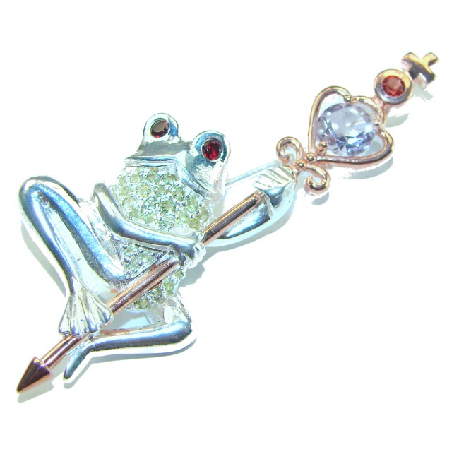 Frog Pink Amethyst 2 tones .925 Sterling Silver handmade Pendant Brooch