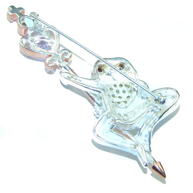 Frog Pink Amethyst 2 tones .925 Sterling Silver handmade Pendant Brooch