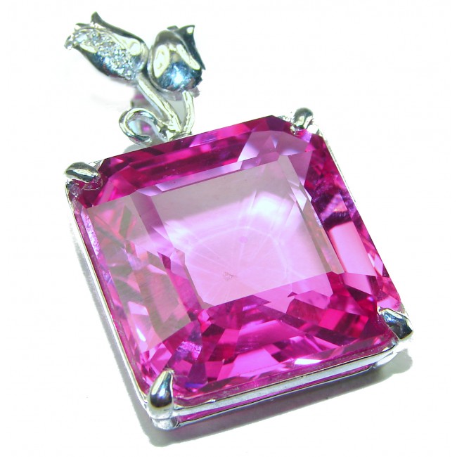 Two Roses princess cut 44.4 carat Pink Sapphire .925 Sterling Silver handcrafted pendant