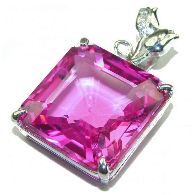 Two Roses princess cut 44.4 carat Pink Sapphire .925 Sterling Silver handcrafted pendant