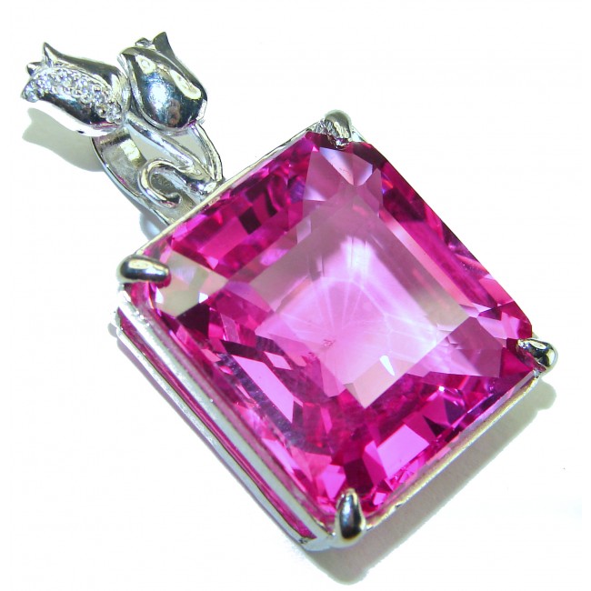 Two Roses princess cut 44.4 carat Pink Sapphire .925 Sterling Silver handcrafted pendant