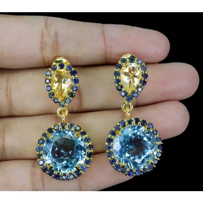 Endless Ocean natural Swiss Blue Topaz 14K Gold over .925 Sterling Silver handcrafted earrings