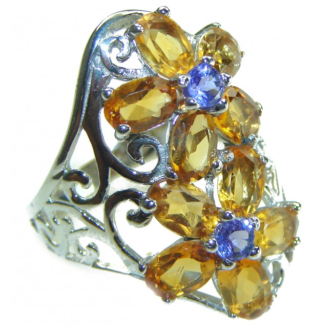 Floral design Citrine Tanzanite .925 Sterling Silver Handcrafted Ring size 8