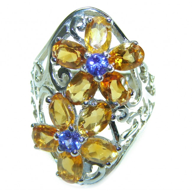 Floral design Citrine Tanzanite .925 Sterling Silver Handcrafted Ring size 8