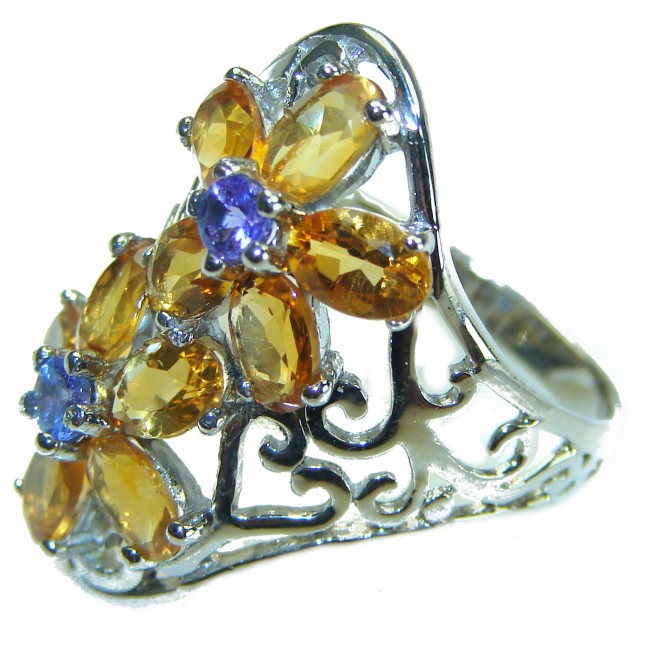 Floral design Citrine Tanzanite .925 Sterling Silver Handcrafted Ring size 8