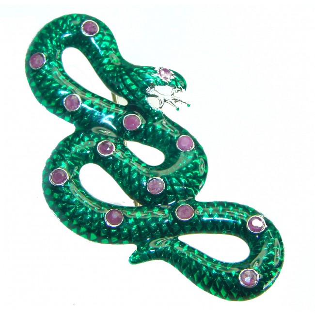 INCREDIBLE Natural Ruby Enamel Snake .925 Sterling Silver Pendant Brooch