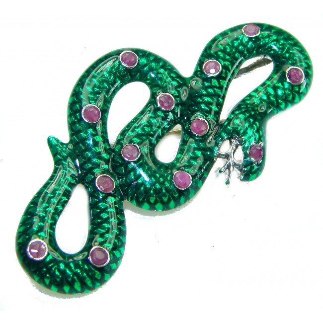 INCREDIBLE Natural Ruby Enamel Snake .925 Sterling Silver Pendant Brooch