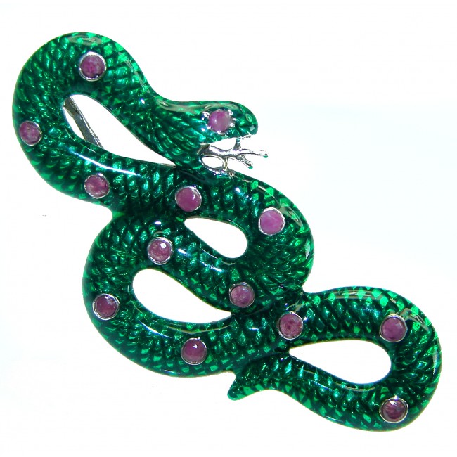 INCREDIBLE Natural Ruby Enamel Snake .925 Sterling Silver Pendant Brooch