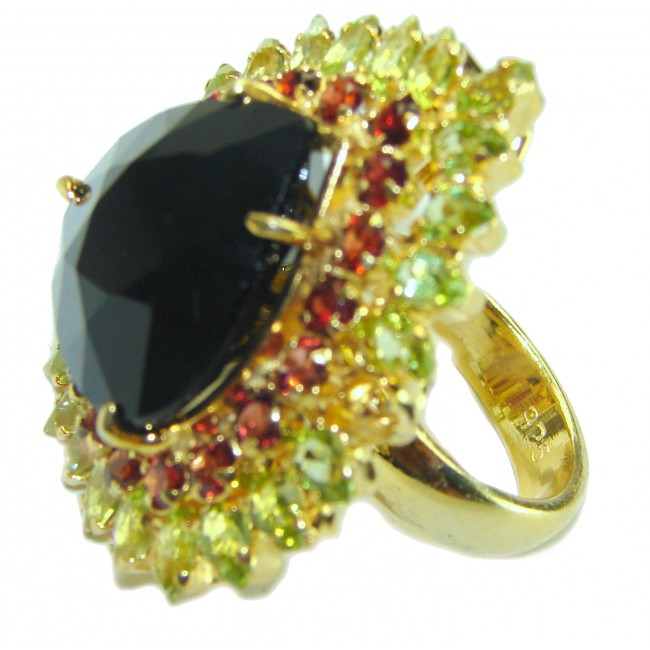 Huge 32.5 carat Black Onyx 14K Gold over .925 Sterling Silver handcrafted Statement ring; s. 8