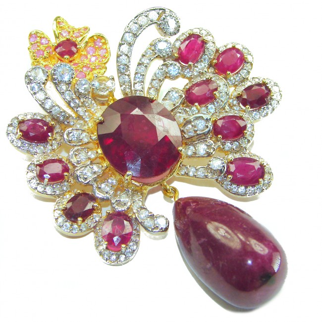 Vintage Design Genuine Ruby lab. Diamond 18K Gold over .925 Sterling Silver handmade Large Statement Pendant - Brooch 52.9 grams