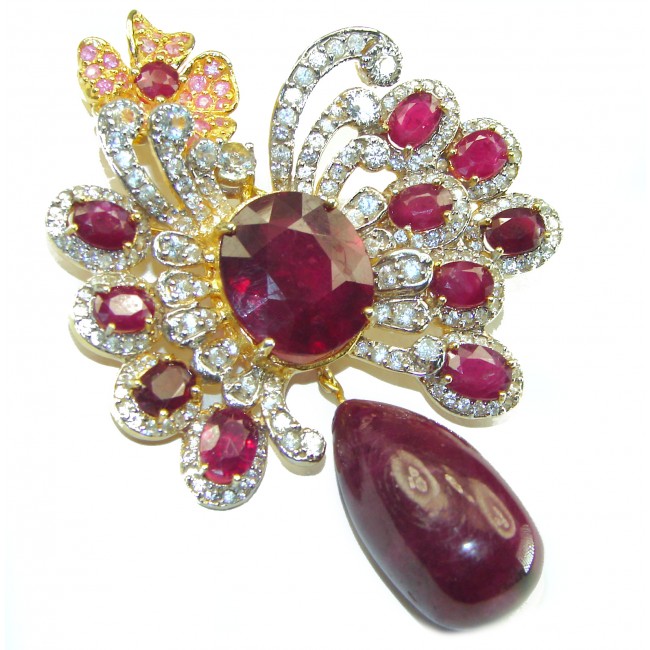 Vintage Design Genuine Ruby lab. Diamond 18K Gold over .925 Sterling Silver handmade Large Statement Pendant - Brooch 52.9 grams