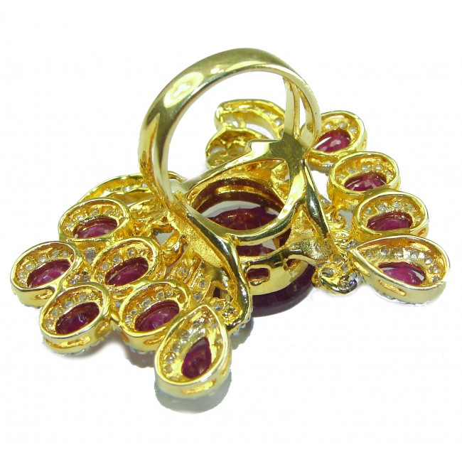 Vintage Design Genuine Ruby lab. Diamond 18K Gold over .925 Sterling Silver handmade Large Statement Ring size 7 3/4; 25.9 grams