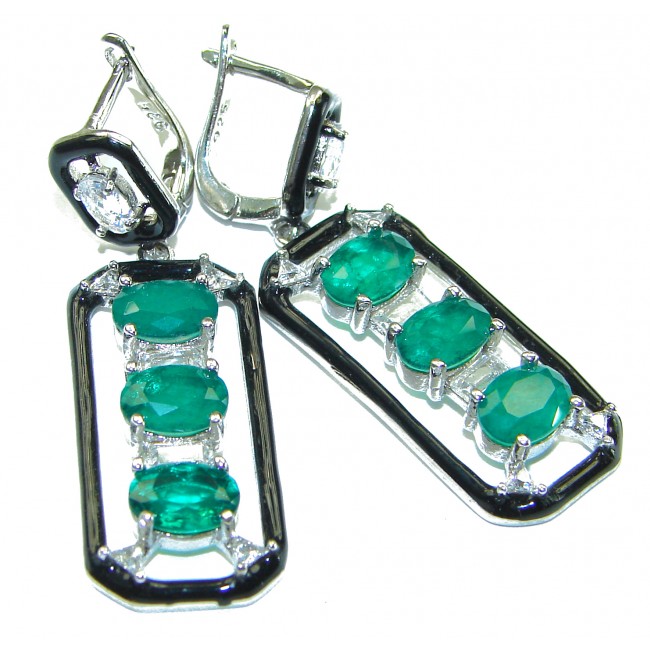 Very Unique Emerald black enamel .925 Sterling Silver handcrafted earrings