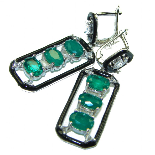 Very Unique Emerald black enamel .925 Sterling Silver handcrafted earrings