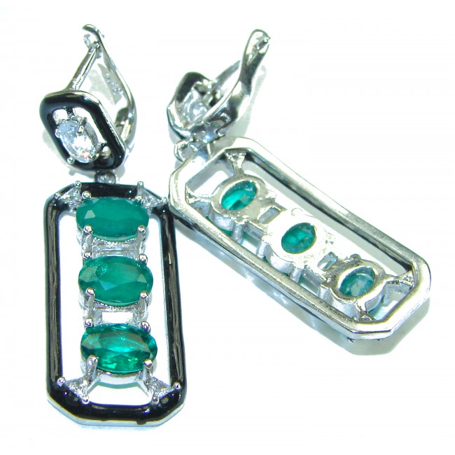 Very Unique Emerald black enamel .925 Sterling Silver handcrafted earrings