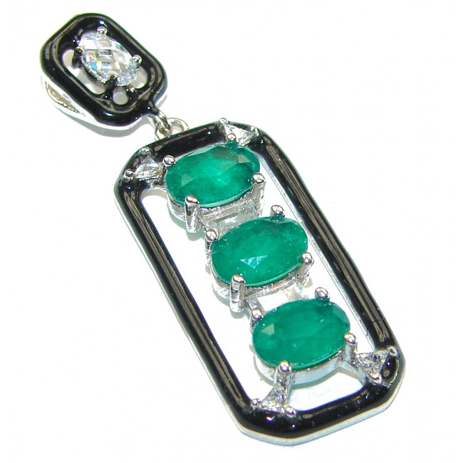 Art Deco Emerald black enamel .925 Sterling Silver handmade Pendant