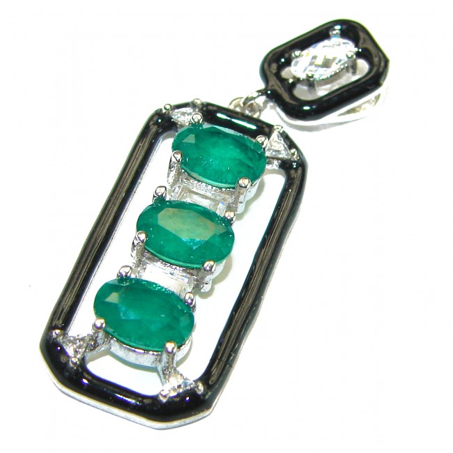 Art Deco Emerald black enamel .925 Sterling Silver handmade Pendant