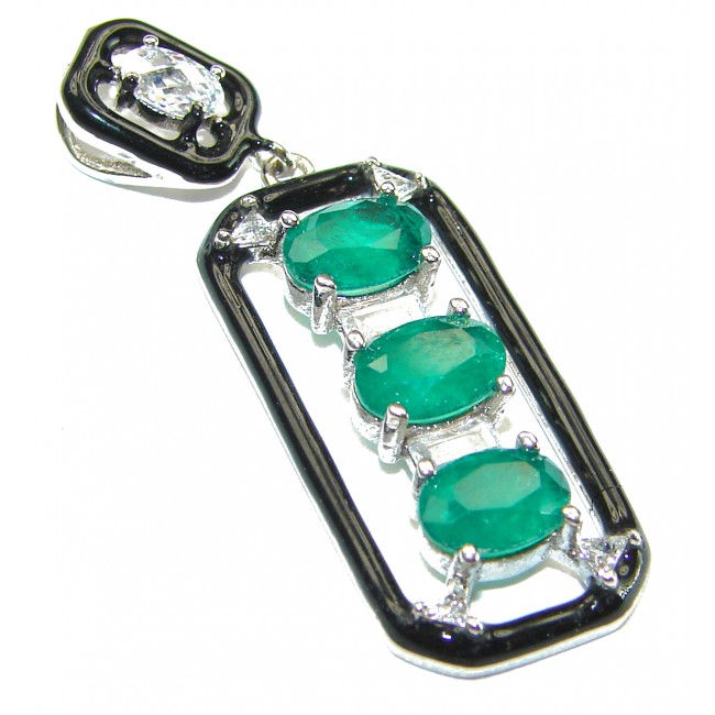 Art Deco Emerald black enamel .925 Sterling Silver handmade Pendant