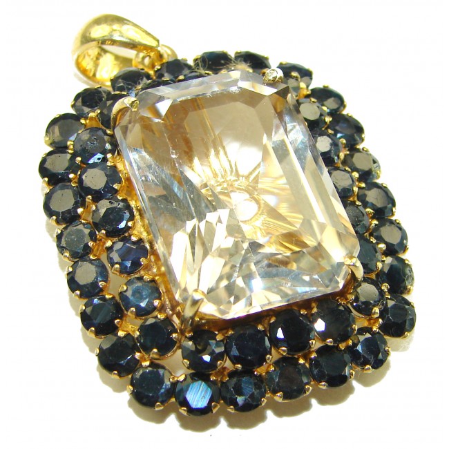 Striking Beauty genuine 45.45 carat emerald cut Lemon Quartz 14K Gold over .925 Sterling Silver handmade Pendant