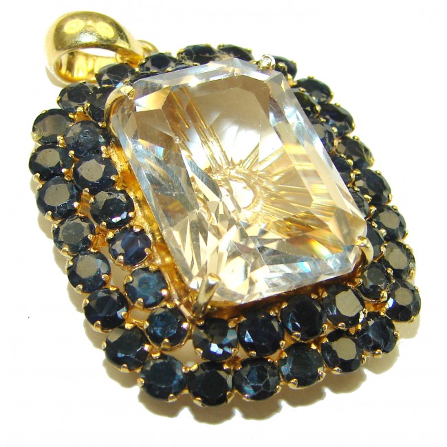 Striking Beauty genuine 45.45 carat emerald cut Lemon Quartz 14K Gold over .925 Sterling Silver handmade Pendant