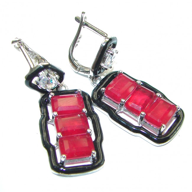 Art Deco Ruby black enamel .925 Sterling Silver handcrafted earrings