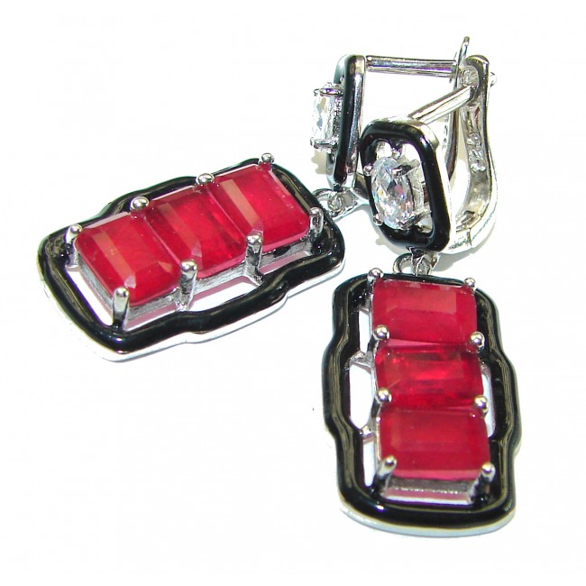 Art Deco Ruby black enamel .925 Sterling Silver handcrafted earrings