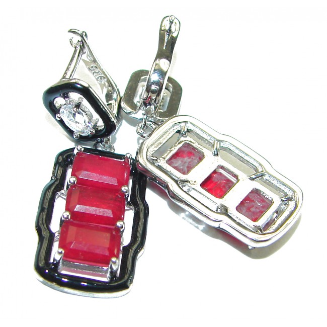 Art Deco Ruby black enamel .925 Sterling Silver handcrafted earrings