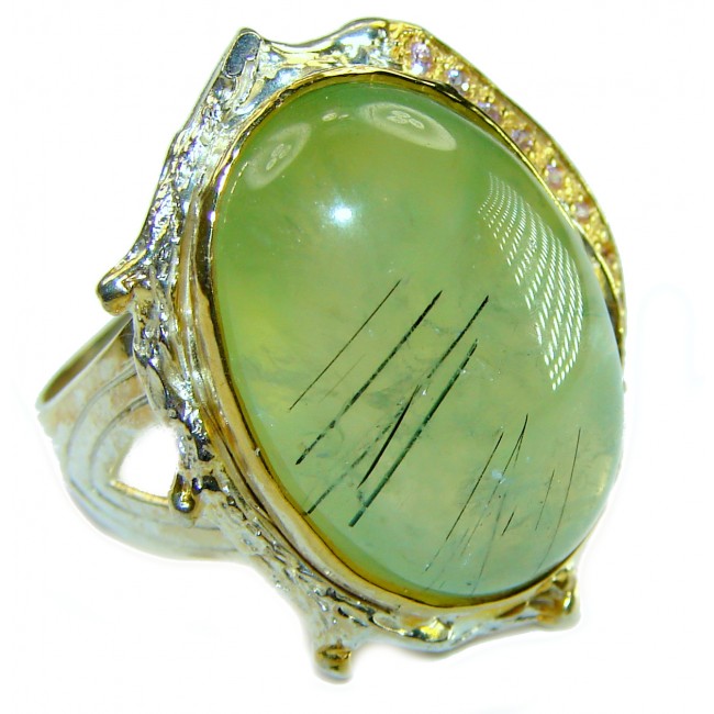 Natural Moss Prehnite 2 tones .925 Sterling Silver handmade ring s. 8 3/4