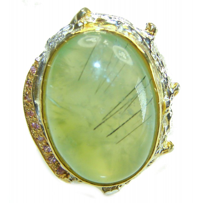 Natural Moss Prehnite 2 tones .925 Sterling Silver handmade ring s. 8 3/4