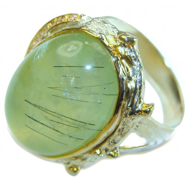 Natural Moss Prehnite 2 tones .925 Sterling Silver handmade ring s. 8 3/4